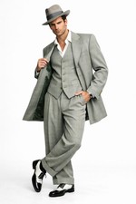 LORIANO 3 piece suit jacket pants vest green 48L 40W plaid 100% wool flashy