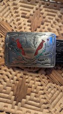 Nickel Silver Coral Turquoise Chip Inlay Cardinal Belt Buckle Leather Belt WN