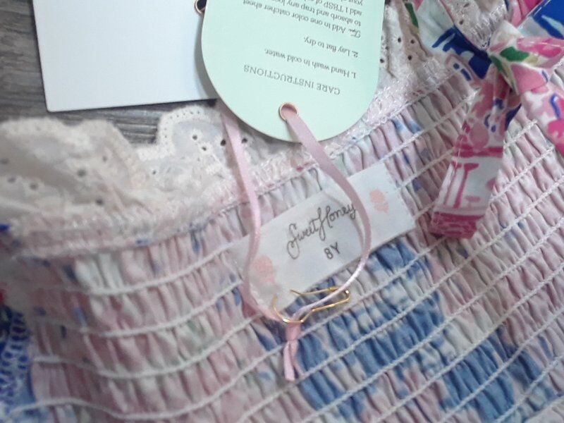 NWT Sweet Honey girls size 8 Audrey smocked dress pink paradise blue floral boat