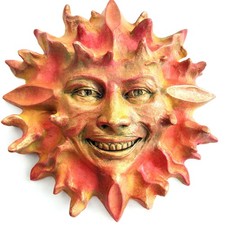 Decorative Hand-painted Sun Face, Original Wall Sculpture, Signed by ClayBraven