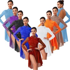 Womens Skirts Ballroom Dancewear Fitness Dress One Piece Rhinestone Exercise