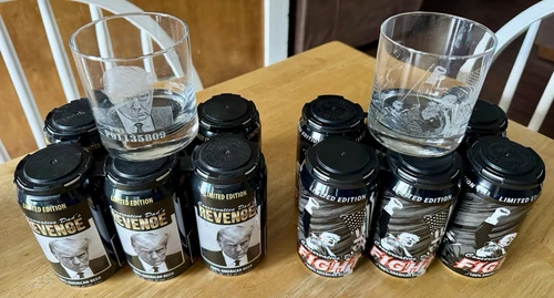 Trump Beer "FIGHT" six pack and “MUGSHOT” six With Matching Whiskey Glasses