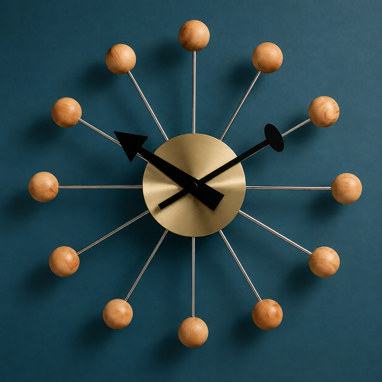 ARCHIVAL 13" MID-CENTURY BALL GOLD WALL CLOCK | RARE ATOMIC STARBURST DESIGN