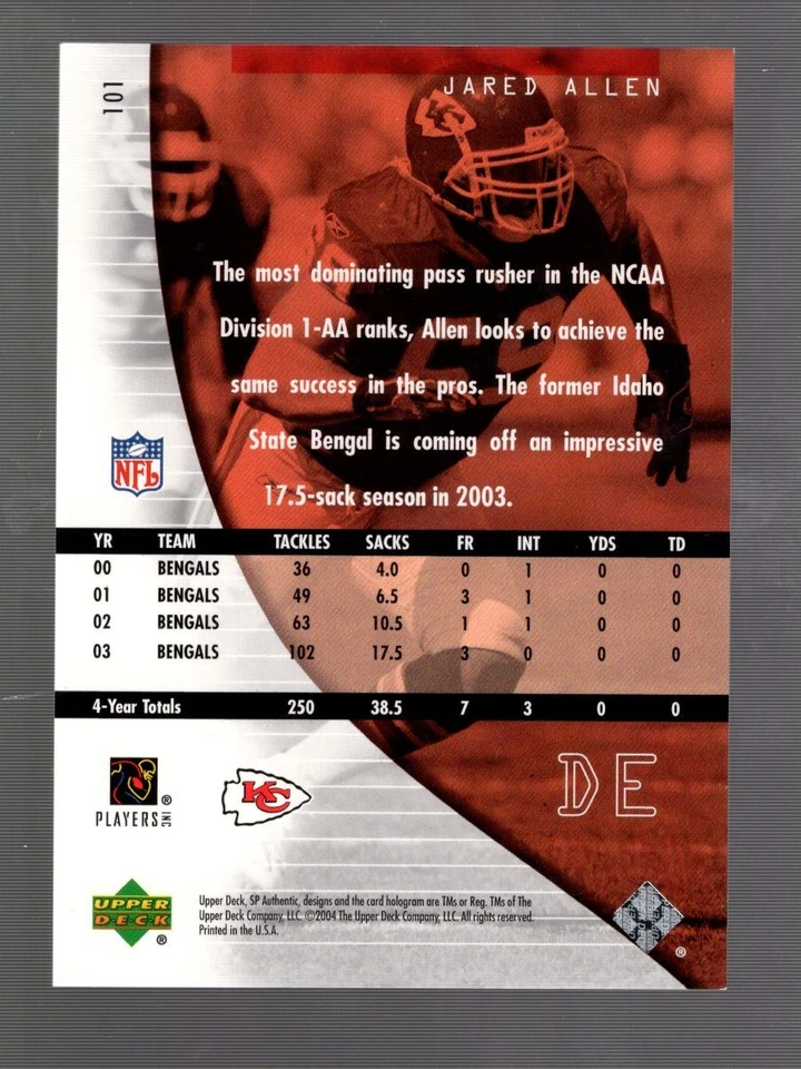2004 Jared Allen SP Authentic #101 Rookie Authentics 887/1199 RC Chiefs - Image 2 of 2
