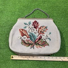 Vintage Floral Cross Stitch Purse Clasp LG Needlepoint Tapestry Flowers 70s