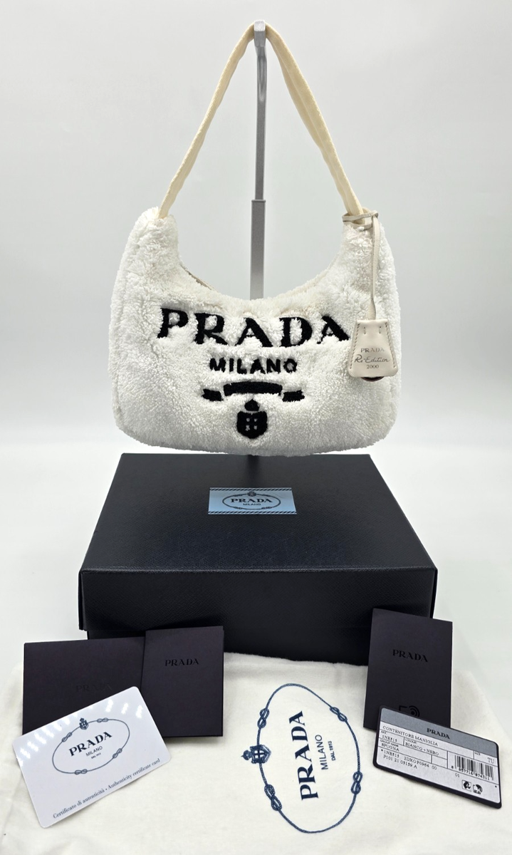 PRADA White Logo Re-Edition 2000 Mini Shoulder Shearling Bag Zip