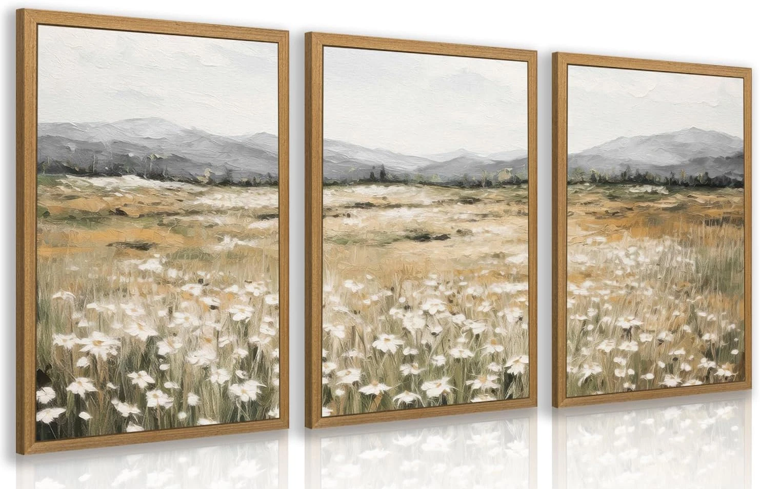 White Wildflowers Wall Art Set of 3, Neutral Meadow Landscape Wall Decor, Minima