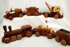 Vintage 42" Natural Wood Train Set  Button Wheels  6 Cars  3 Removable Pieces