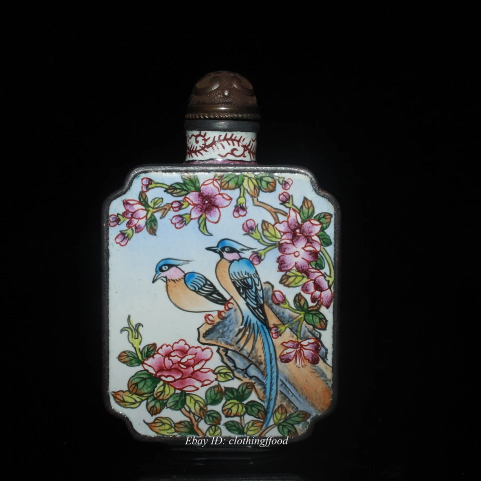 Colecciona adornos para botellas de tabaco de flores y pájaros color esmalte cobre púrpura Foto 4 de 4