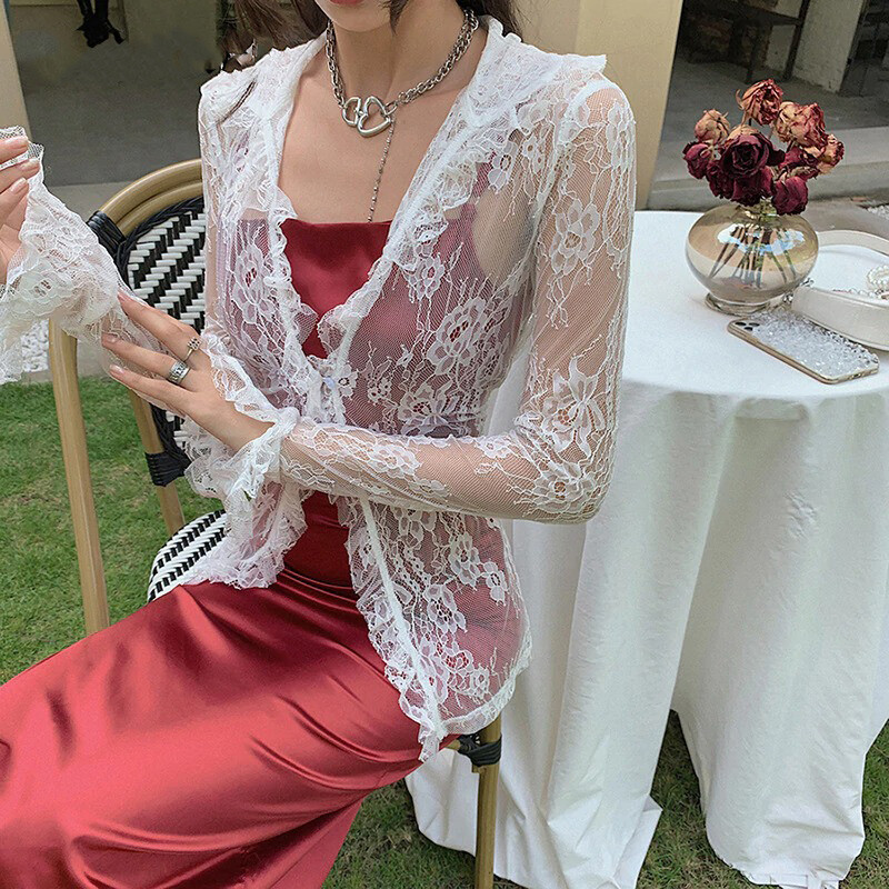トップス muguet lace sheer cardigan white WDIRARA Women's Mesh Sheer Cardigan Hollow Out Sweaters Tie