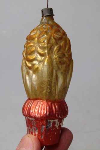 Vintage Antik Glas Gold Hyazinthe Blume geprägt Weihnachtsschmuck Germany - Bild 5 von 9