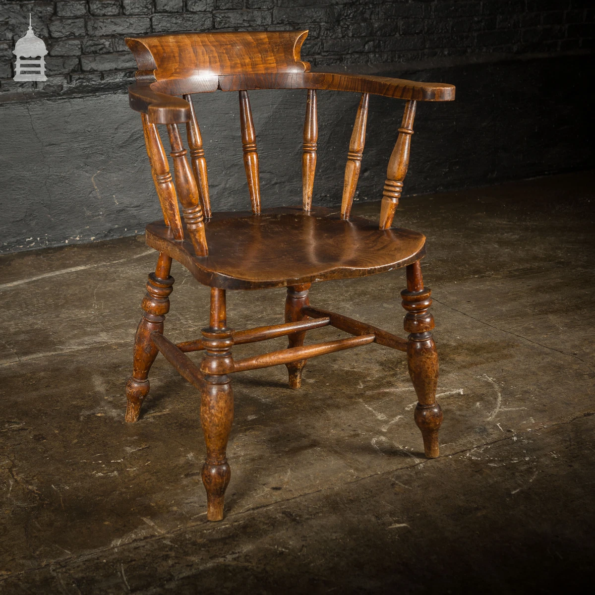 19th C Captain s Bow Seat Smokers Chair with Turned Arm Supports