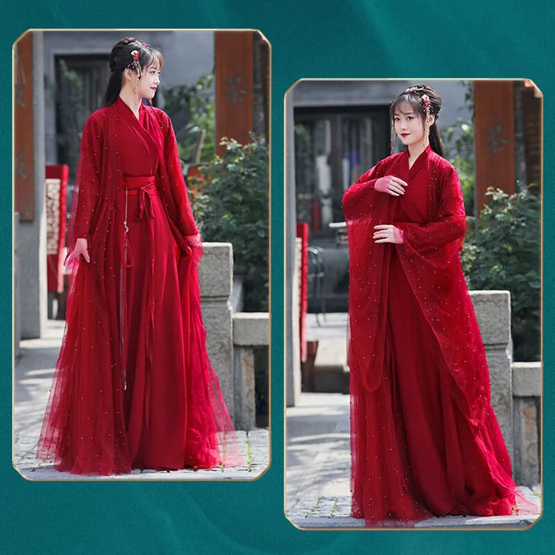 Abito Hanfu Tradizionale Cinese Da Donna – Set 4 Pezzi In Chiffon, Ricamato, Leggero, Perfetto Per Feste E Spettacoli