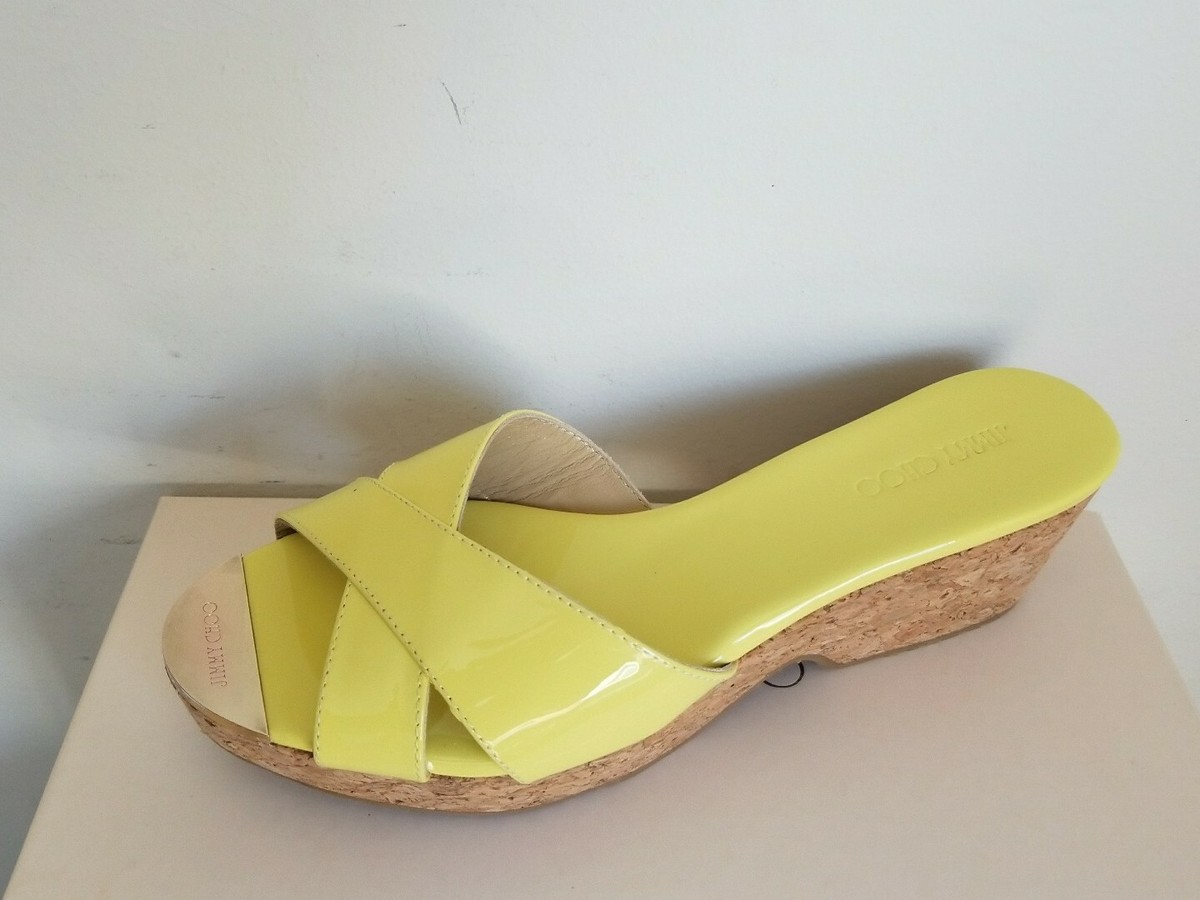 Jimmy CHOO PANNA YELLOW PATENT GOLD LOGO TOE CORK SLIDES 37 I LOVE