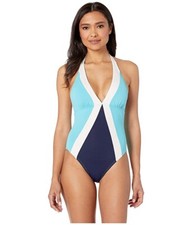 Vince Camuto 237297 Womens Color Block Halter One Piece Swimsuit Deep Sea Size 4
