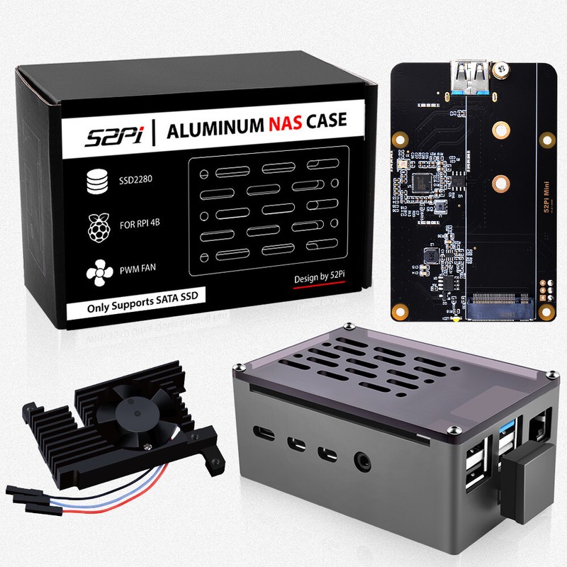 Raspberry Pi 4 Model B Aluminum Case with  M.2 SATA SSD Adapter board +3510 Fan