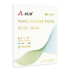 A-SUB Vinyl Sticker Paper High Glossy White Waterproof Removable 25 Sheet 8.5x11