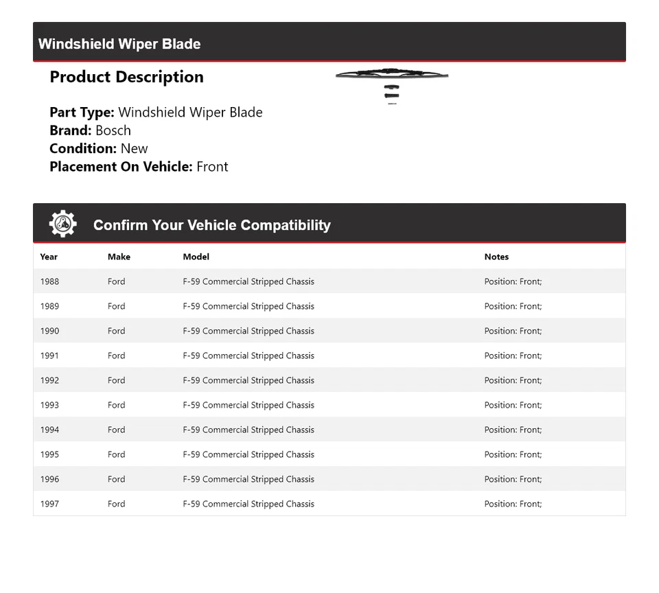 For 88-97 Ford F-59 Commercial Stripped Chassis Bosch Wiper Blade Front 1989 - Image 2 of 4