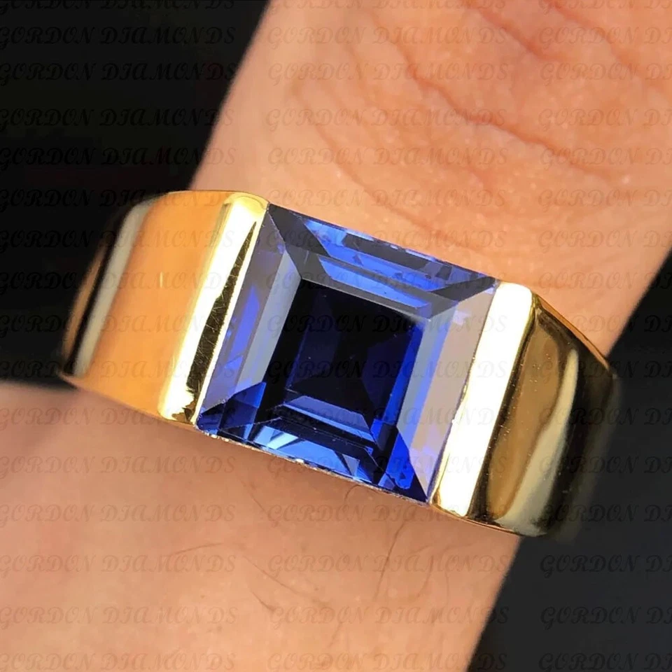 5.00ct Asscher Cut Natural Sapphire Solitaire Men's Ring 18K Yellow Gold Plated - Image 3 of 4