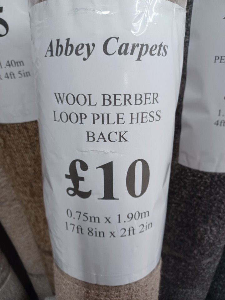 Carpet remnant Off Cut Wool Berber Loop Pile Hess Back 0.75mx1.90m