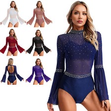 UK Womens Dance Leotard Sparkly Bodysuit Dancing Jumpsuit Rhinestones Dancewear