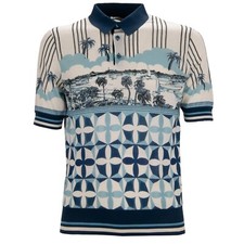 DOLCE & GABBANA Gio Ponti Design Palm Silk Polo Shirt T-Shirt Blue White