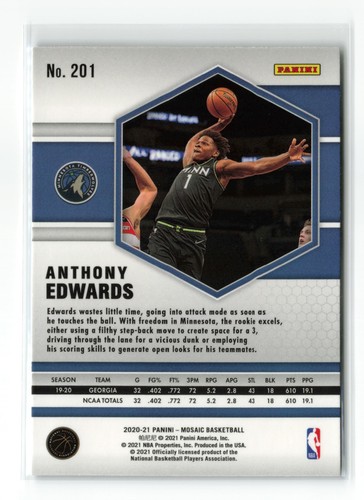ANTHONY EDWARDS #201 2020-21 PANINI MOSAIC TIMBERWOLVES READ - Picture 2 of 2