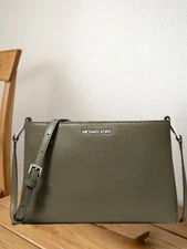 Michael Kors Trisha Women Medium Triple Compartment Leather Crossbody Bag Olive