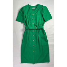 Peri Petites Vintage Green Button Front Belted Sheath Dress Size 14 Puff Sleeve