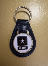 United States US Army Keychain Fob Leather Key Ring Black Gold Tone