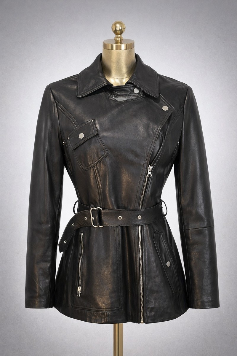 Rudsak Black Leather Moto Jacket Women's XS Belted Asymmetric Zip