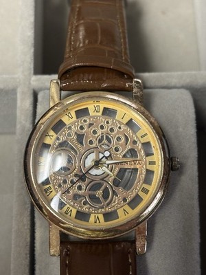 Geneva 40mm Skeleton Watch Gold Tone Case Brown Leather Band Black Dial