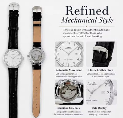 Timex Waterbury Automatic White Dial Black Leather  40mm Date Watch (gen.box)