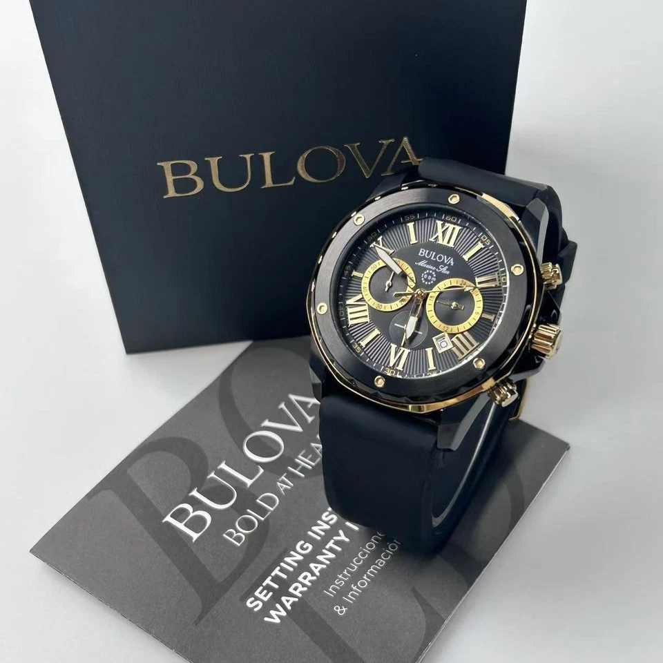 Bulova Marine Star Men's Quartz Watch Gold/Black Dial Rubber Strap 44mm 98B278 - Image 4 of 4