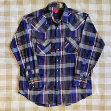 Vintage Ely Plains Western Wear blue plaid pearl snap long sleeve shirt