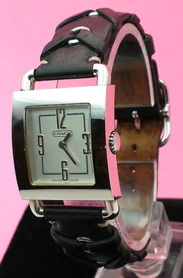 COACH Women's 0221 Watch, Bright Silver, Black Laced Leather, New Battery, Clean