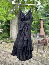 Love Tree Black Ruched Ruffle Mini Dress L Cutout Back Cottagecore Boho Chic EUC