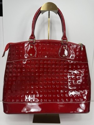 Arcadia Red Patent Leather Logo Embossed Handbag Satchel Bag Italy Zip Top