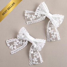 2 Pcs 3 Inch White Lace Hair Bow Clips Long Tail Ribbon Alligator Barrettes Set