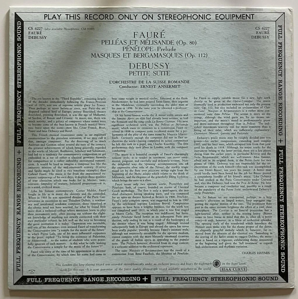 Faure / Debussy Ansermet Suisse Romande LP NM London CS 6227 Blueback (1962) - Image 3 of 4