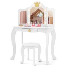 COSTWAY Kids Vanity Set Princess Vanity Table & Chair Set w/Lighted Mirror-White