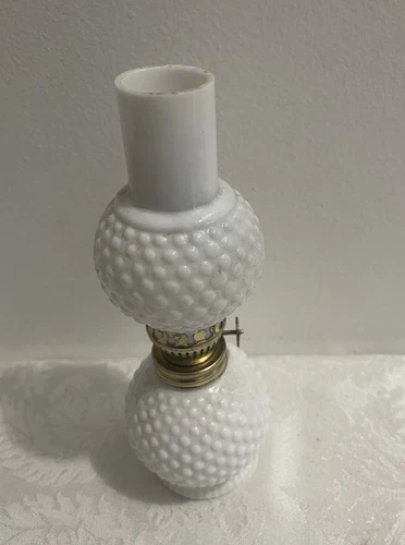 Vtg Mini White Hobnail Milk Glass 2 Globe Hurricane Oil Lamp 8" Tall. EUC