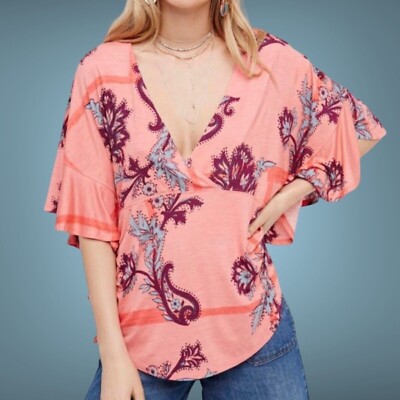 Free People Women Maui Wowie Blouse Tops Size XS Tall Floral Flutter Sleeves