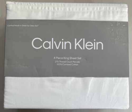 NIP CALVIN KLEIN 100% COMBED COTTON PERCALE 270TC WHITE KING SHEET SET