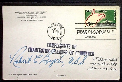 Charleston Mining Show Postcard - Autographed by Robert C. Byrd, U.S. Senator
