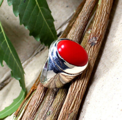Solid 925 Sterling Silver AA Italian Red Coral Oval Gemstone Signet Men's Ring