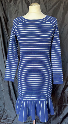 KAREN MILLEN Businesskleid Gr. M Marineblau Gestreift Langarm Knielang