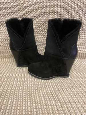 womens black leather wedge boots