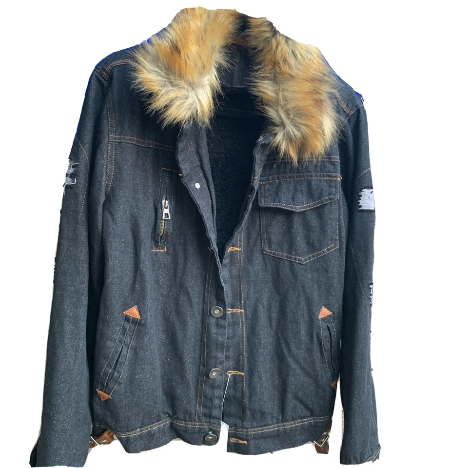Dark Grey/Blue Jean Pilot Jacket Lined Faux Fur Collar Destressed Casual (M) - Image 4 of 4