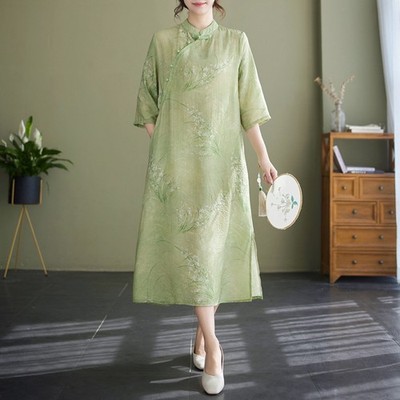 cotton qipao dress Su Mei  Ink Flower 1930s Half Sleeve Cotton Qipao M / Medium Collar